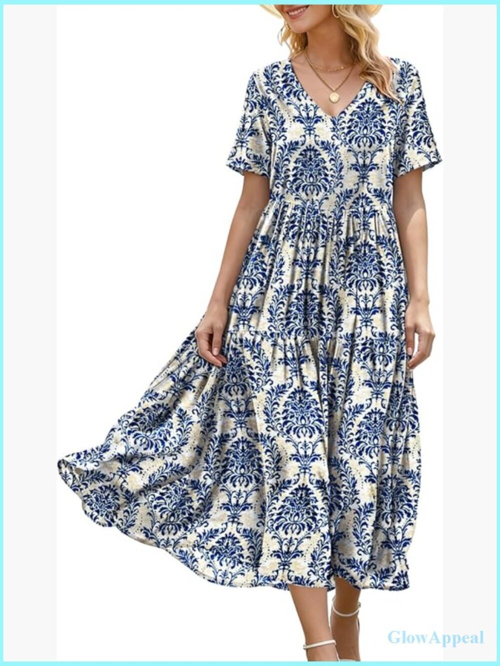 Women's Swing Maxi Dress Pockets Boho Short Sleeve V-Neck Casual Summer